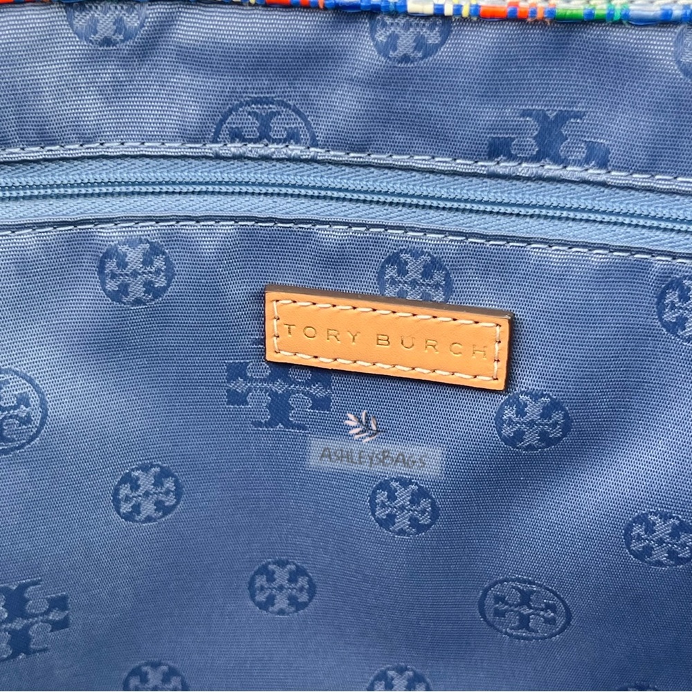 Tory Burch Ella Poly Woven Nylon Large Tote In Tory Navy Multi - Picture 9 of 11